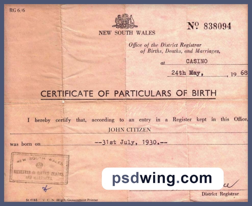 New South Wales Office of the District Registrar Birth Certificate